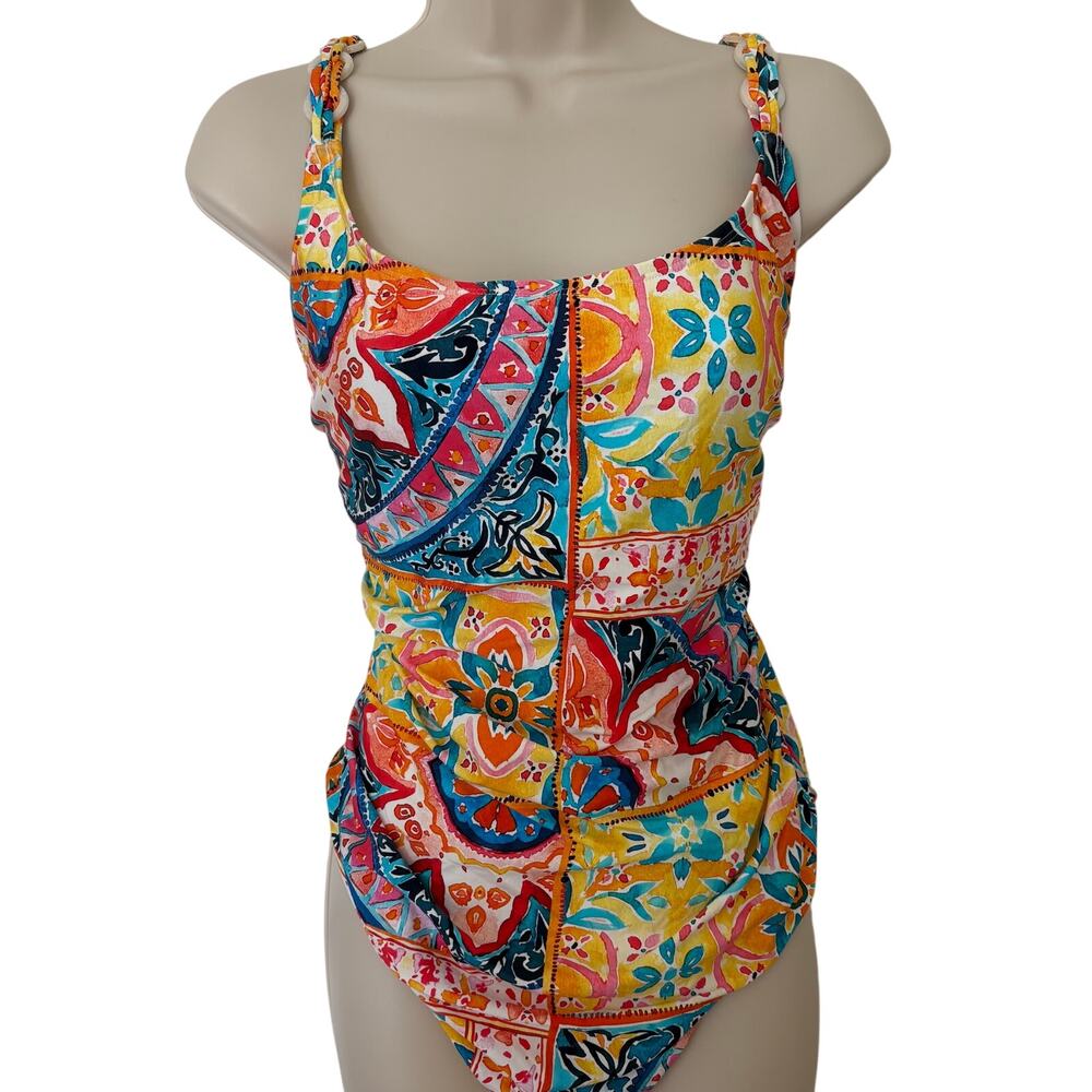 La Blanca Floral Patchwork One Piece Swimsuit Braided Ring Strap Mod Colorful 22